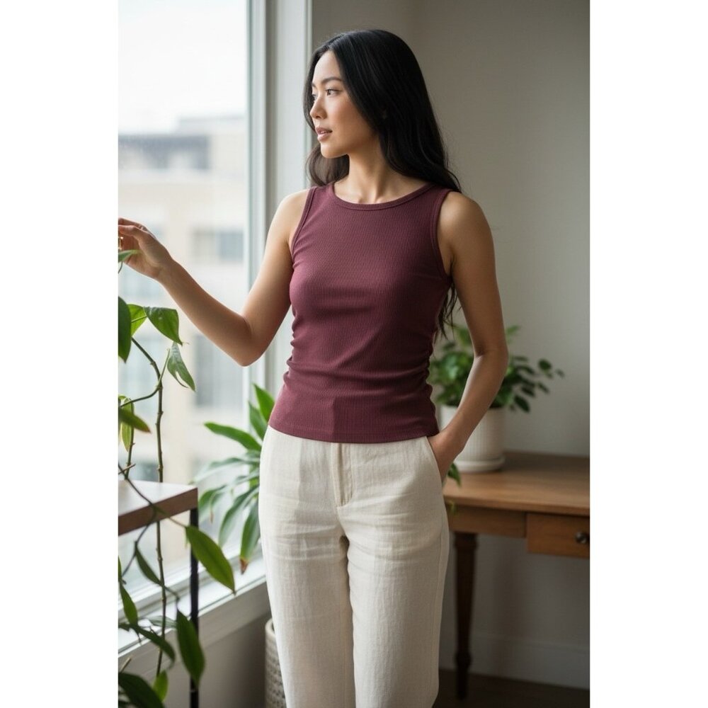 Madewell  100% Cotton Side Cinched Crewneck Tank in Dark Fig Purple Size XS